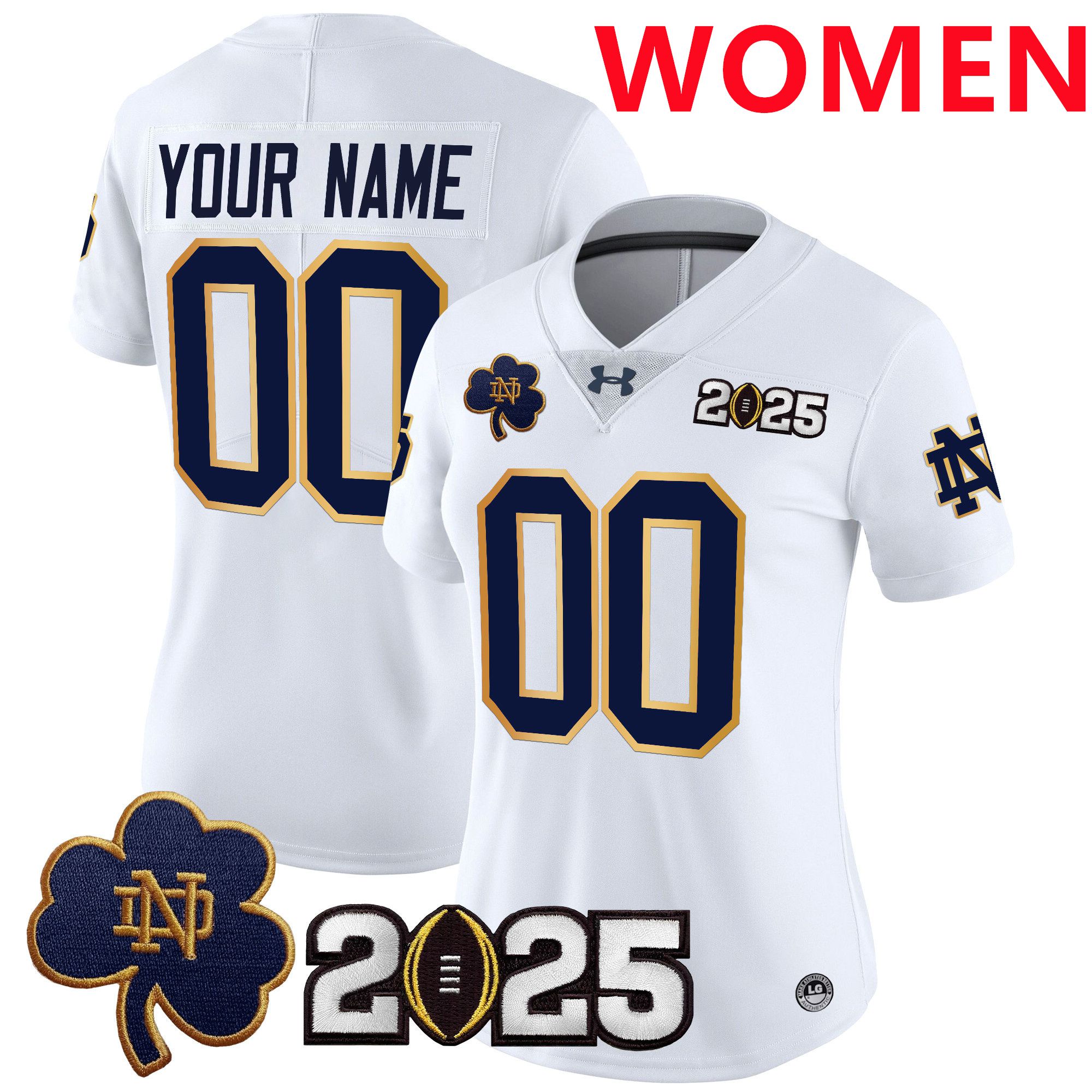 Women Notre Dame Fighting Irish White 2025 CFP Final Patch Vapor Limited Custom NCAA Jersey